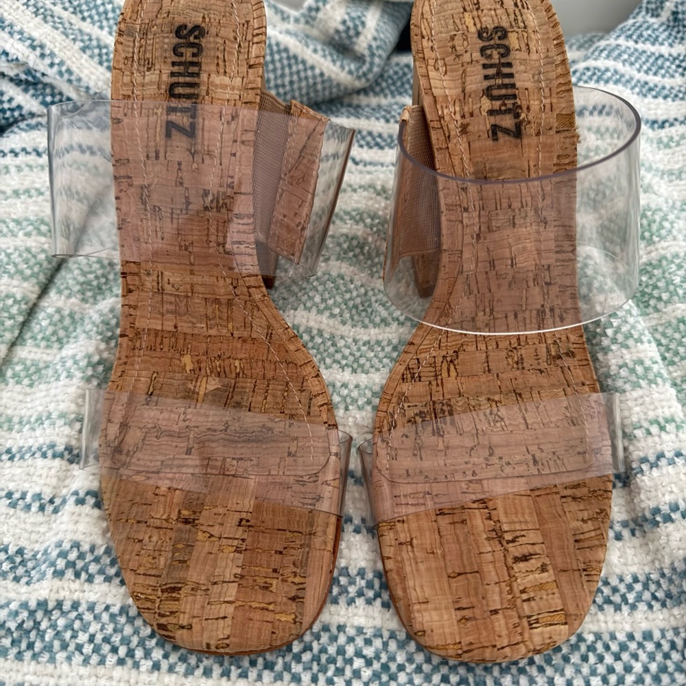 SCHUTZ Cork and Clear Strap Sandals